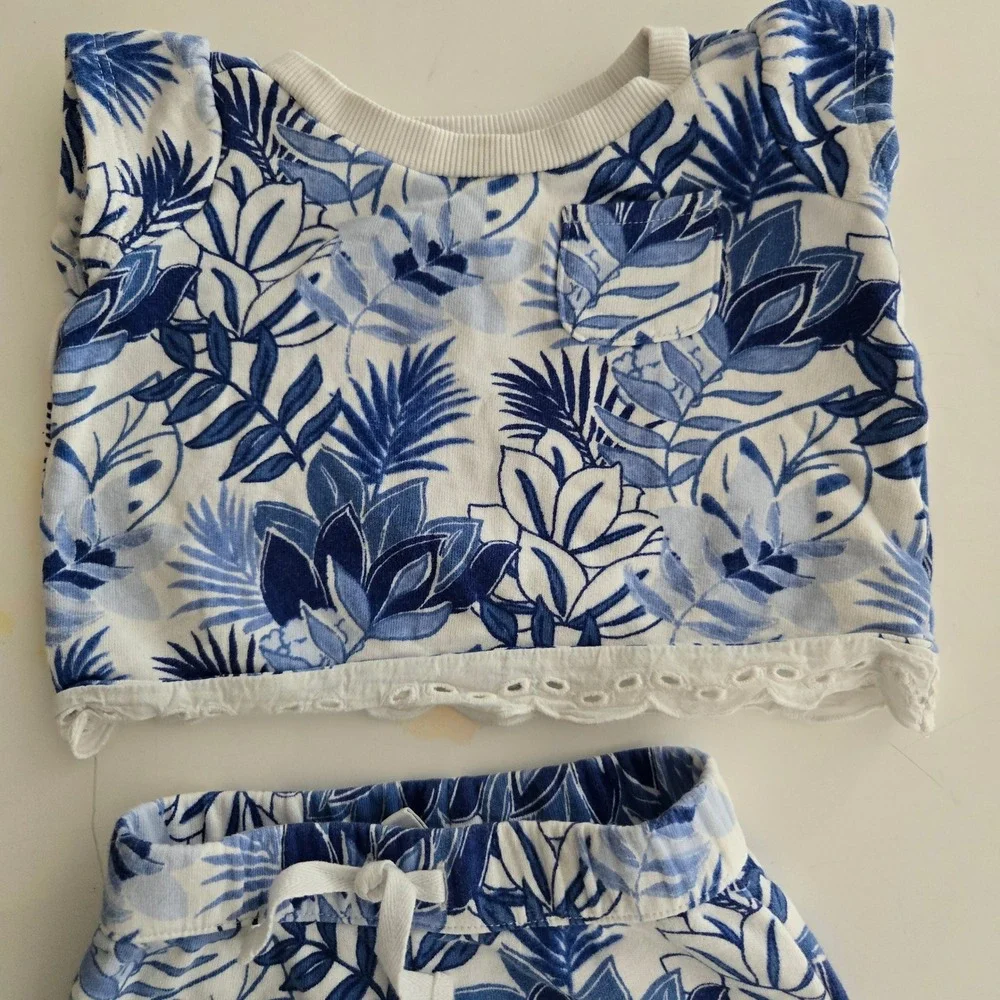 Janie and Jack Tropical Floral French Terry Shorts Set‎ Eyelet Trim 6-12 Months